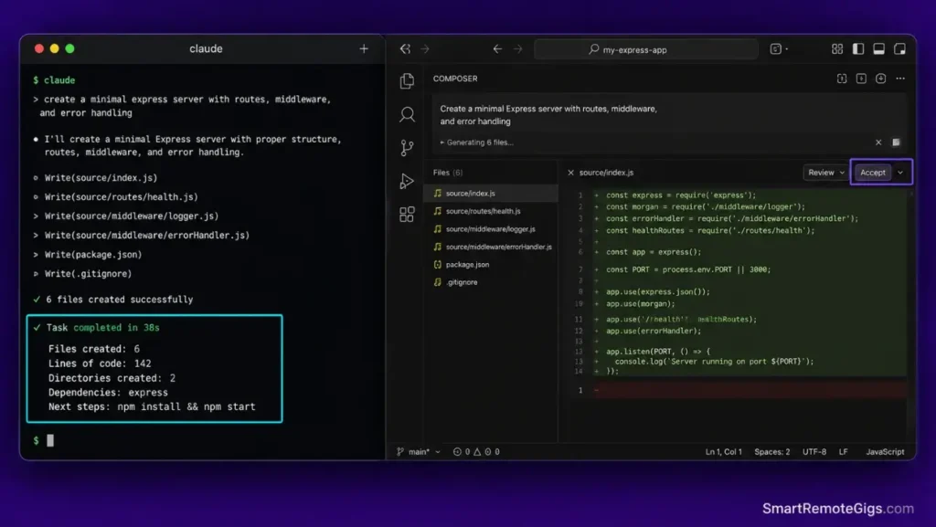 Side-by-side screenshot benchmark displaying Claude Code's high-speed terminal scaffolding and Cursor's manual review diff panels.