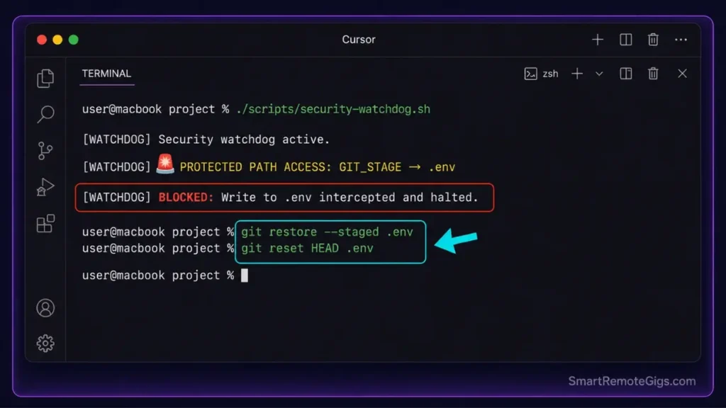 Screenshot of a terminal window executing our custom security-watchdog bash script, successfully blocking and un-staging unauthorized edits to .env files.
