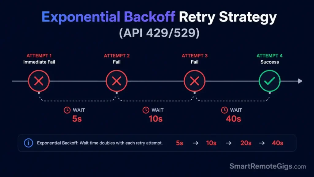 Timeline diagram showing how an automated bash wrapper executes exponential backoff retries to bypass API status errors 429 and 529.