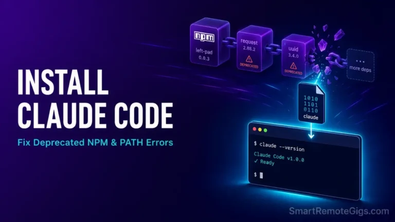 How to Install Claude Code setup guide hero image showing terminal command line installations and NPM error resolution graphics.
