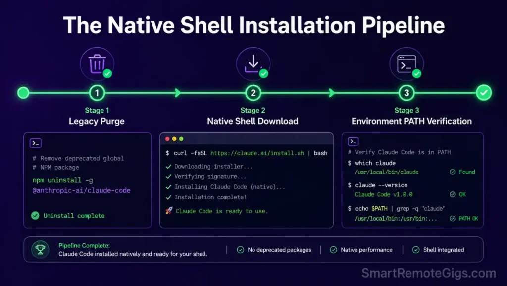 Flowchart outlining the step-by-step pipeline to safely install Claude Code on Unix, Windows, and macOS terminals using the native installer.