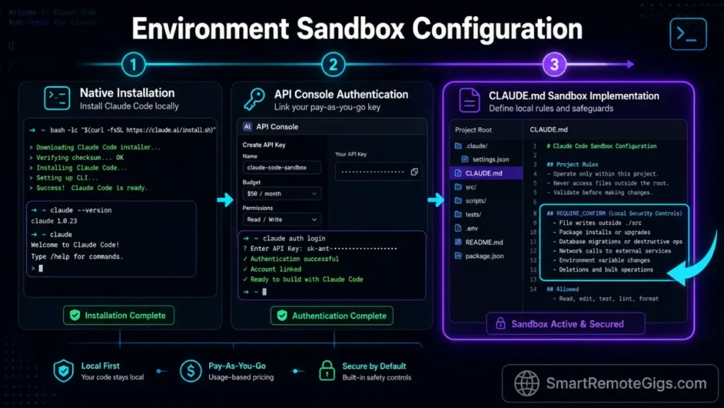 Timeline diagram showing how to use Claude Code to complete environment installation, API billing keys setup, and workspace CLAUDE.md security sandbox configuration.