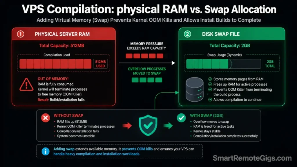 Memory allocation diagram demonstrating how adding a 2GB virtual swap file resolves out-of-memory compilation crashes on low-spec Linux VPS servers during installation.