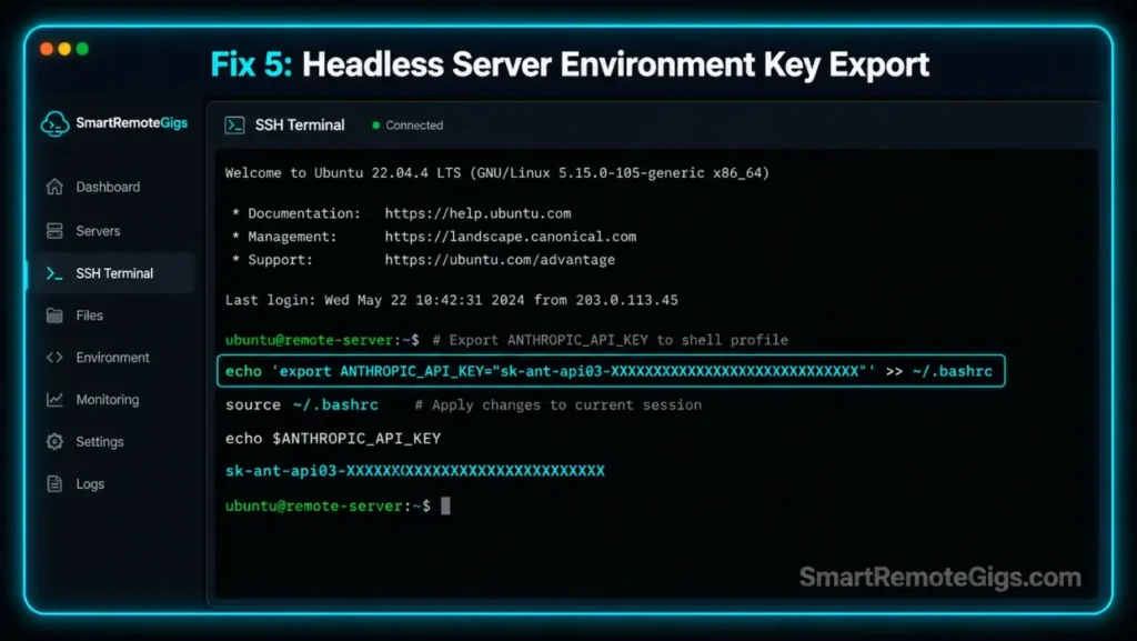 Screenshot of an interactive remote SSH terminal setting environment keys to bypass browser OAuth loops during Claude Code headless installations.