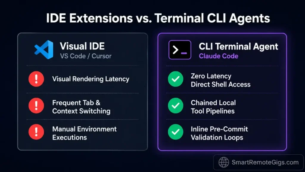 Infographic comparing VS Code and Cursor IDE extensions against Claude Code terminal CLI agents, outlining latency, context limits, and workflow automation differences.