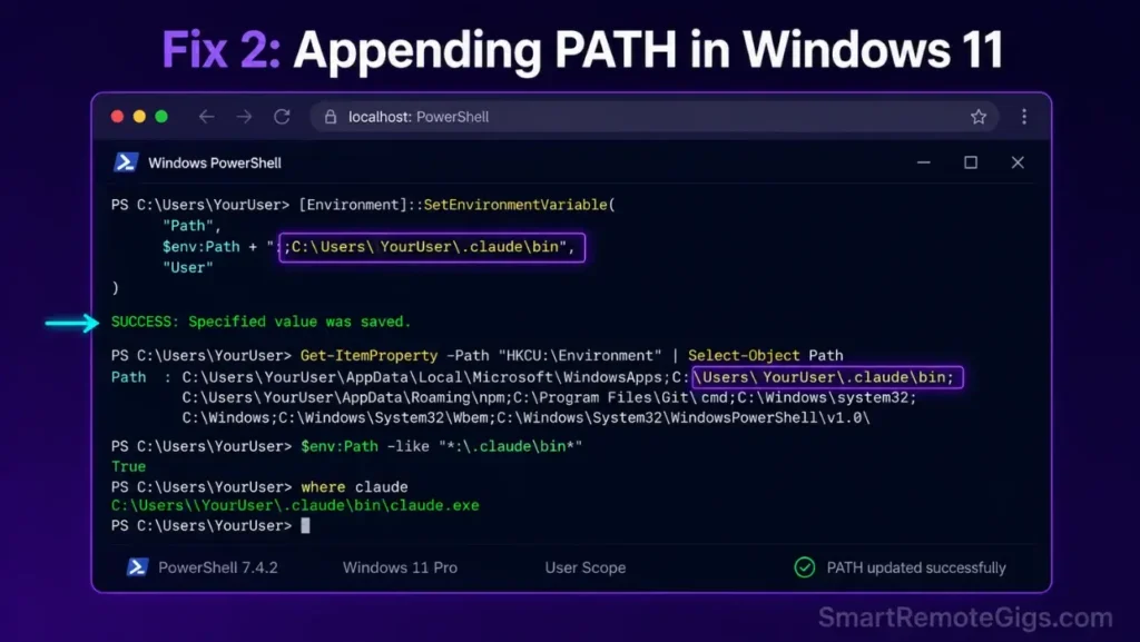 Screenshot of an elevated Windows PowerShell terminal modifying machine-level environment variables to add the Claude Code binary directory to the system PATH.