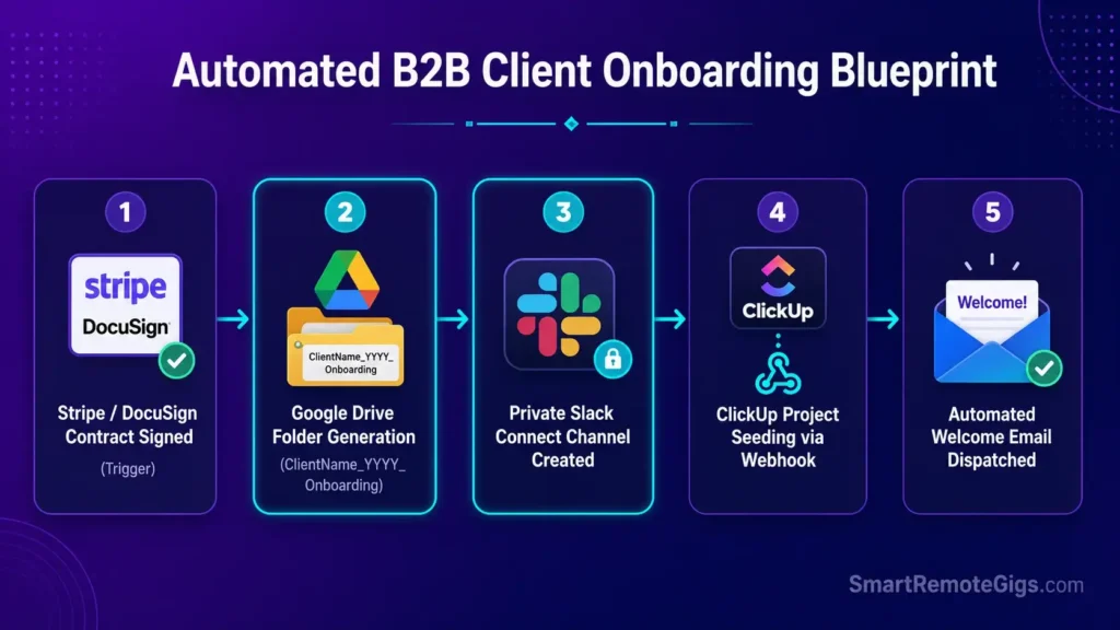 Infographic displaying the 5-step automated B2B client onboarding workflow architecture in Zapier
