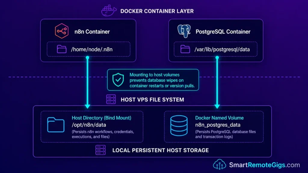System architecture diagram illustrating Docker Compose persistent volume mounting from internal container paths to local host VPS storage directories.