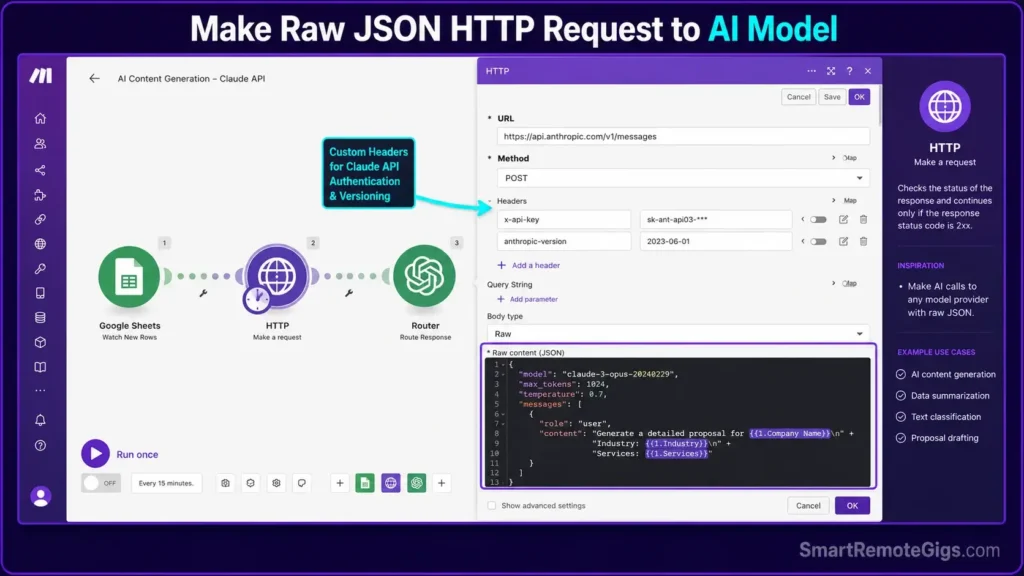 Real screenshot of Make custom HTTP module configuring raw JSON payload and headers for Anthropic Claude AI integration