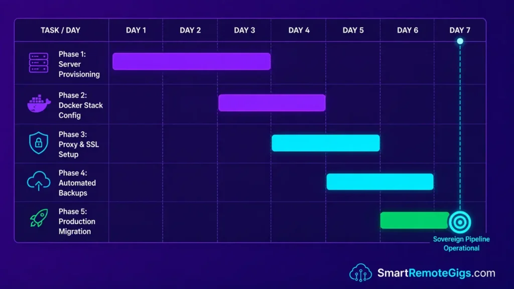 7-day Gantt timeline chart mapping the phases of self-hosted n8n deployment from server provisioning to live production migration.