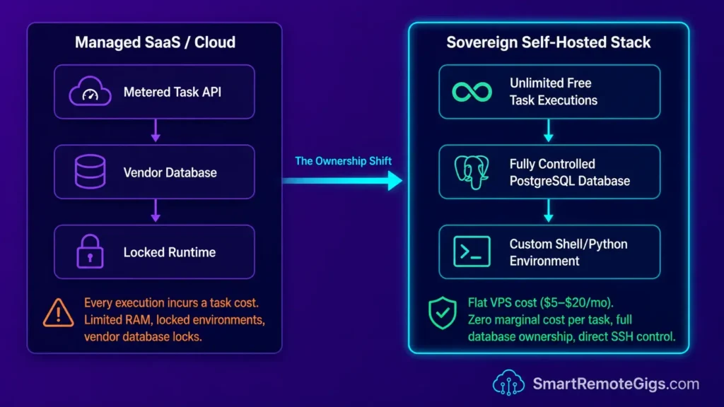 Infrastructure comparison chart mapping the constraints of managed cloud hosting against the unlimited scaling benefits of self-hosting n8n on a sovereign VPS.