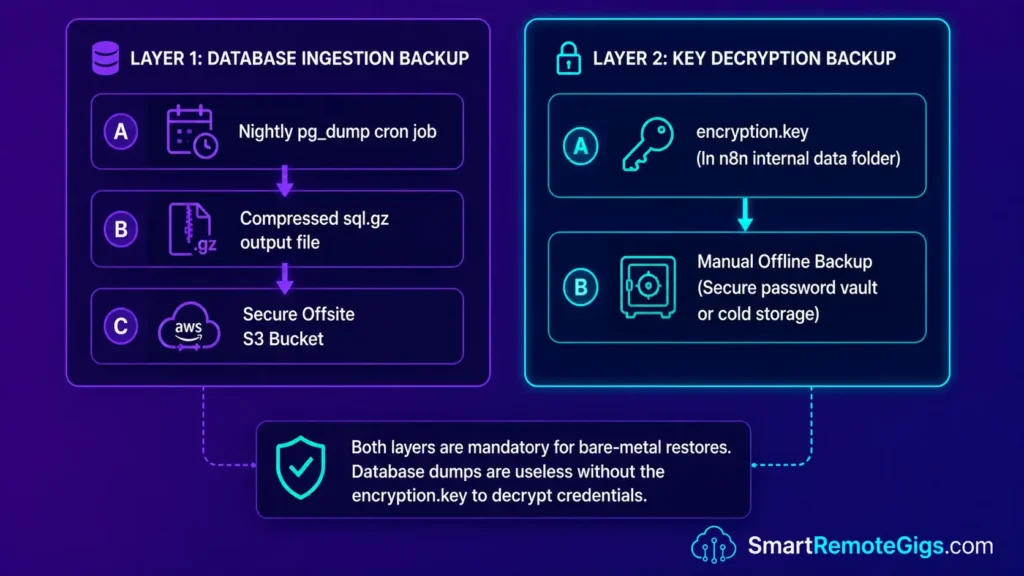 Disaster recovery blueprint comparing automated nightly database dumps to manual offsite encryption key storage for complete n8n recovery.