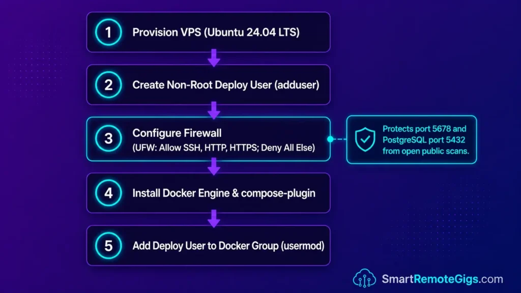 Step-by-step server provisioning and hardening flowchart mapping Ubuntu configuration to Docker Engine installation.
