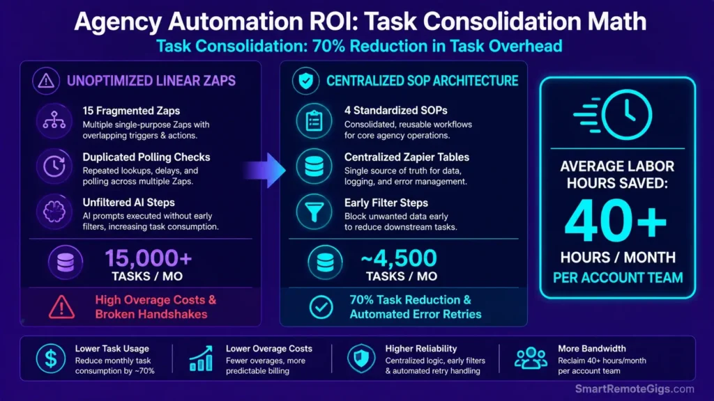 Infographic summarizing agency ROI and 70% task cost reduction achieved by centralizing Zapier workflows into standardized SOPs