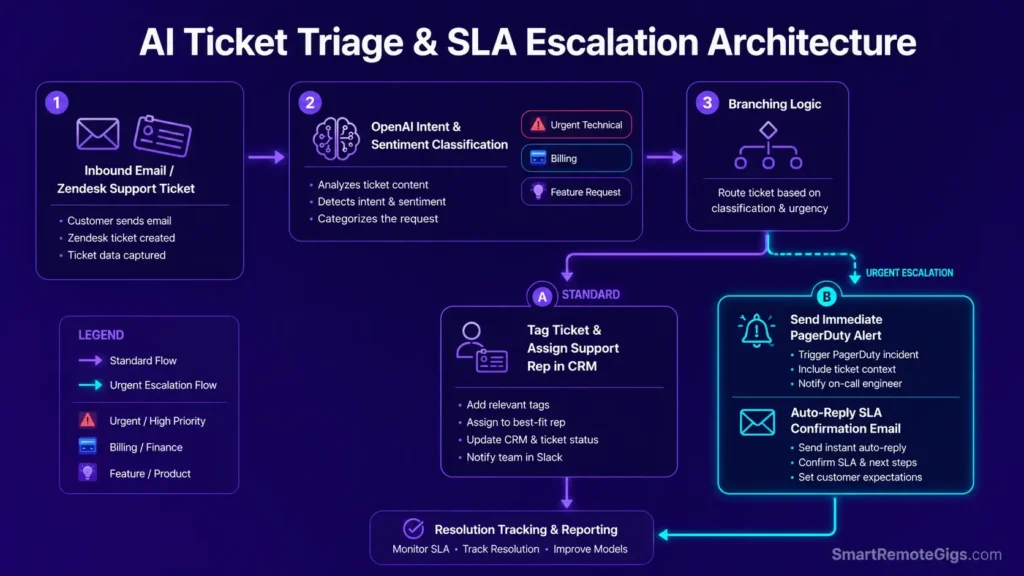 Workflow flowchart illustrating AI support ticket categorization, intent tagging, and instant PagerDuty escalation rules