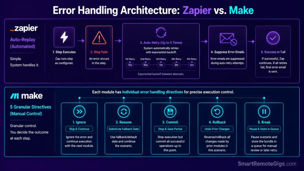 Infographic comparing Zapier Auto-Replay recovery against Make's five module error handling directives