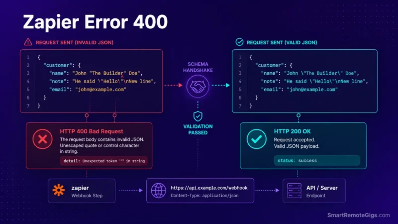 Zapier error 400 2026 troubleshooting hero image showing HTTP 400 Bad Request webhook payload validation and custom JSON repair