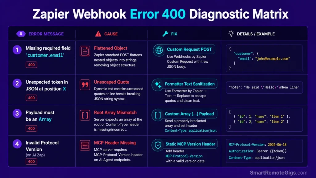 Diagnostic matrix flowchart mapping Zapier HTTP 400 Bad Request symptoms to their causes and payload solutions