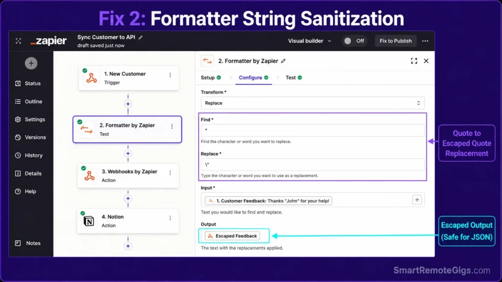 Real screenshot of Zapier Formatter step escaping double quotation marks to sanitize dynamic strings before JSON insertion