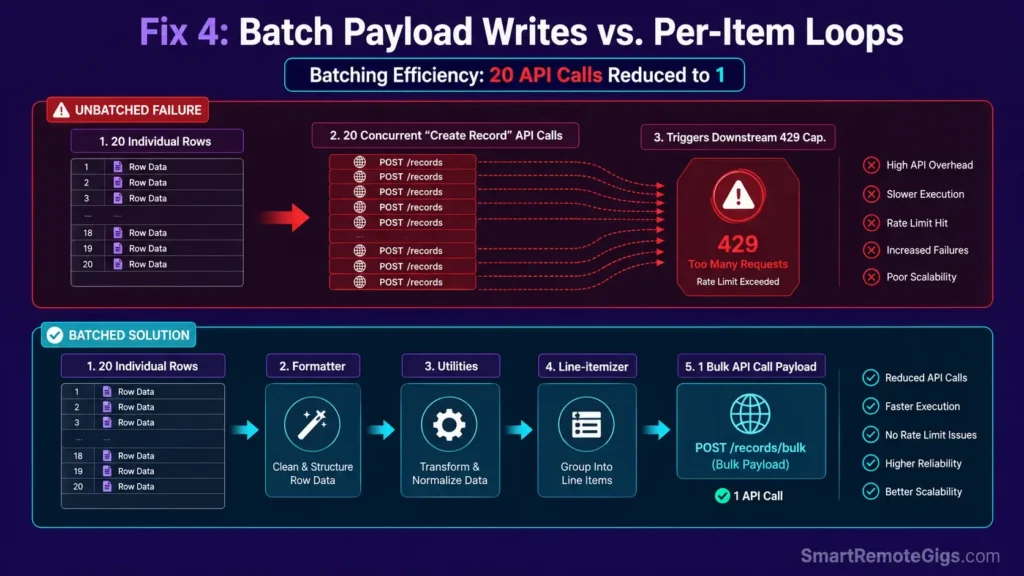 Infographic illustrating Line-itemizer payload batching in Zapier reducing 20 individual API requests down to 1 bulk payload