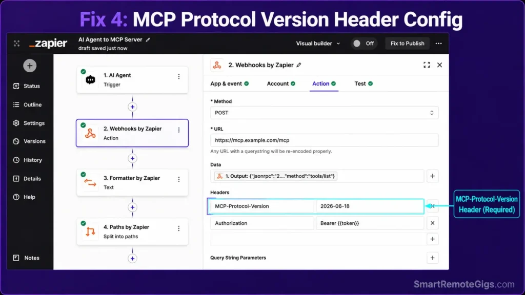 Real screenshot of Zapier webhook header settings enforcing MCP-Protocol-Version for AI agent endpoint handshakes