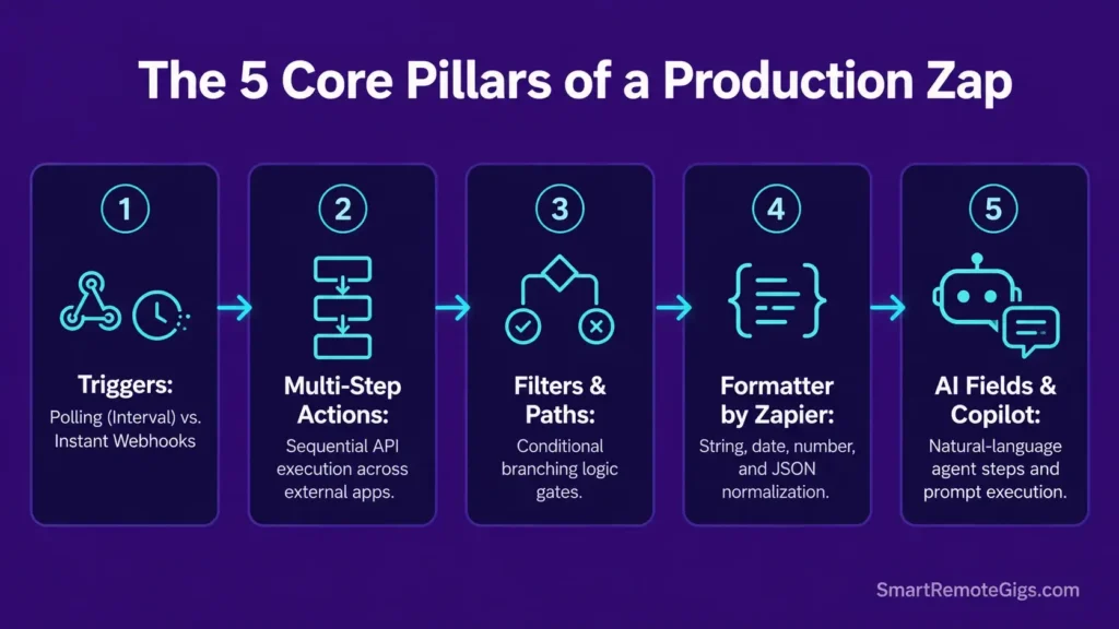 Diagram detailing the 5 core components of modern multi-step Zapier architecture including triggers, actions, and AI fields