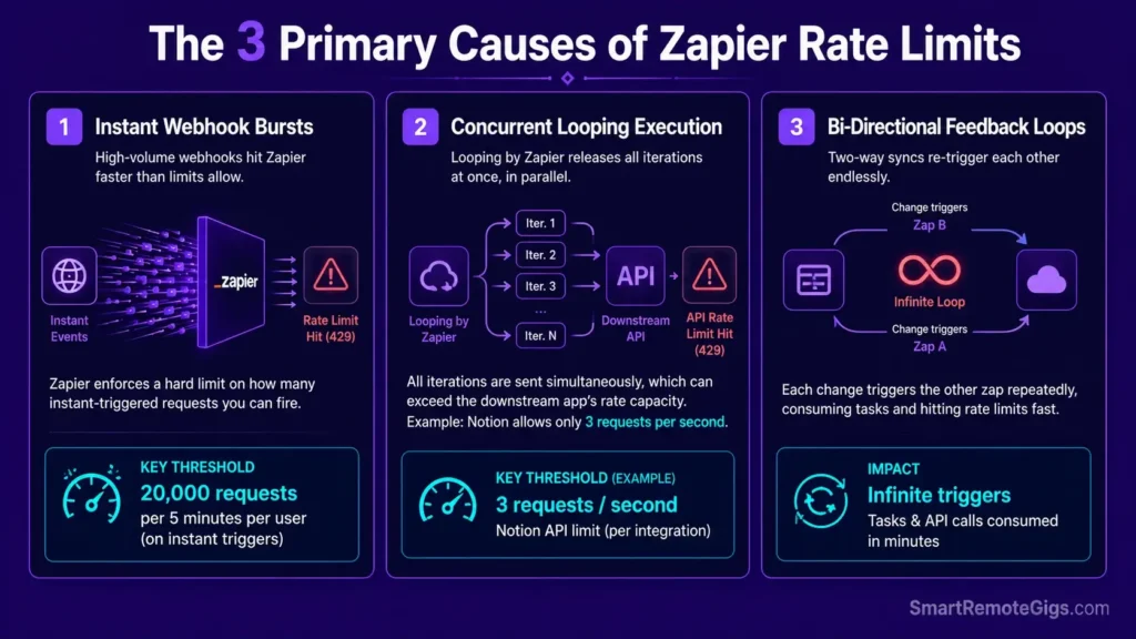 Diagram breaking down the three core causes of Zapier rate limit errors including webhook bursts, looping concurrency, and sync loops