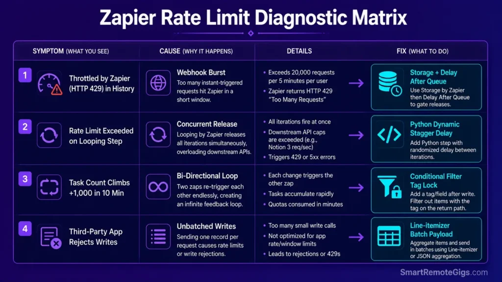 Diagnostic matrix flowchart mapping Zapier rate limit error symptoms to their technical causes and step-by-step solutions