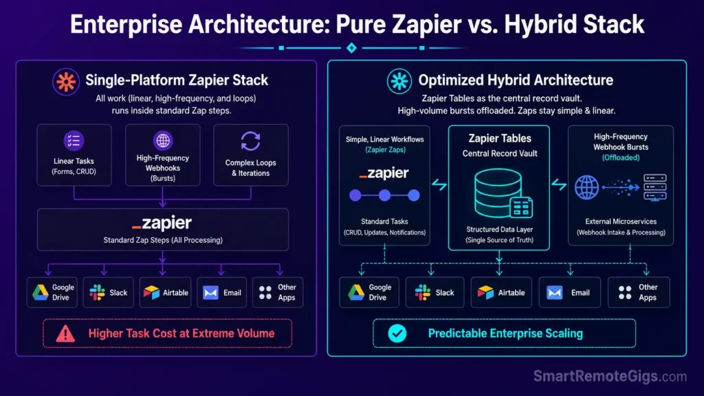 Comparison diagram illustrating pure Zapier workflow architecture versus a hybrid automation stack using Zapier Tables and webhooks