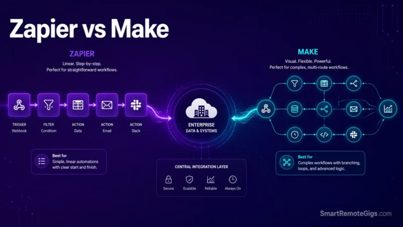 Zapier vs Make 2026 head-to-head comparison hero image illustrating linear workflow builder versus visual node spatial canvas