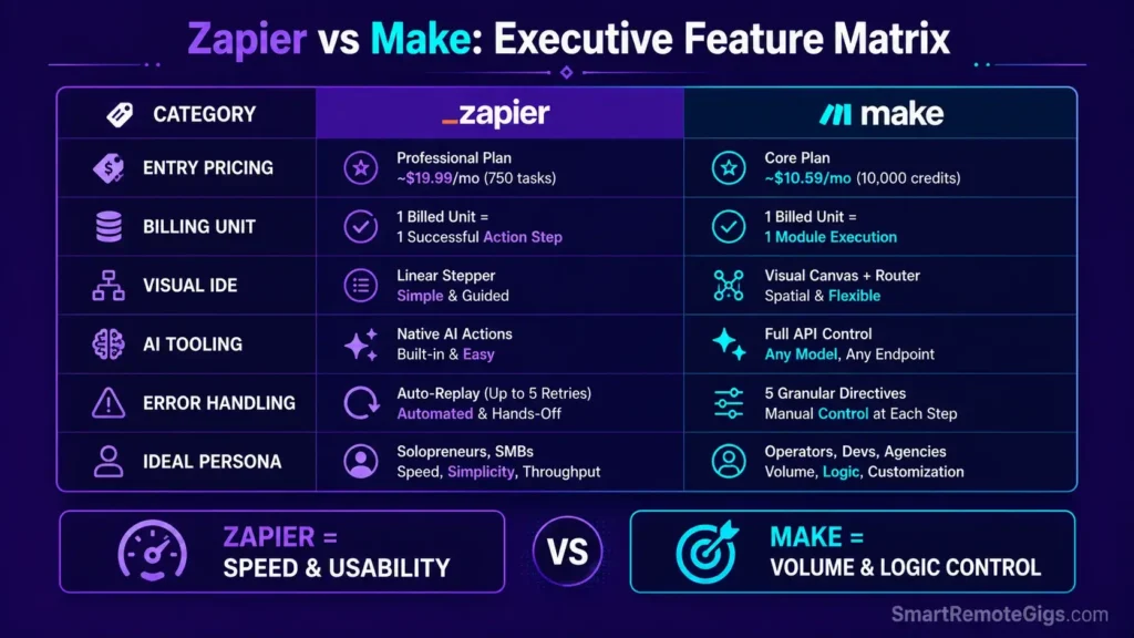 Head-to-head comparison table matrix summarizing pricing, billing units, visual IDEs, and error handling for Zapier vs Make