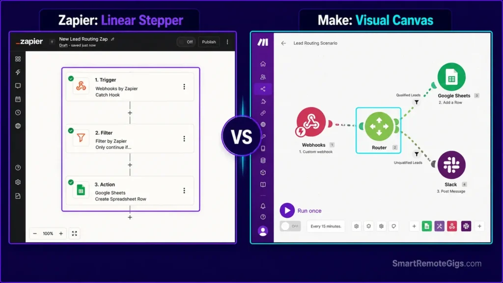 Side-by-side real UI screenshot comparing Zapier linear step editor against Make visual node scenario canvas