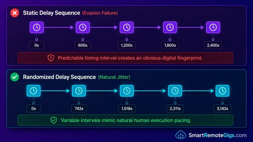 Timeline infographic comparing the predictable network signature of static wait loops against the natural pacing profile of randomized jitter delays.