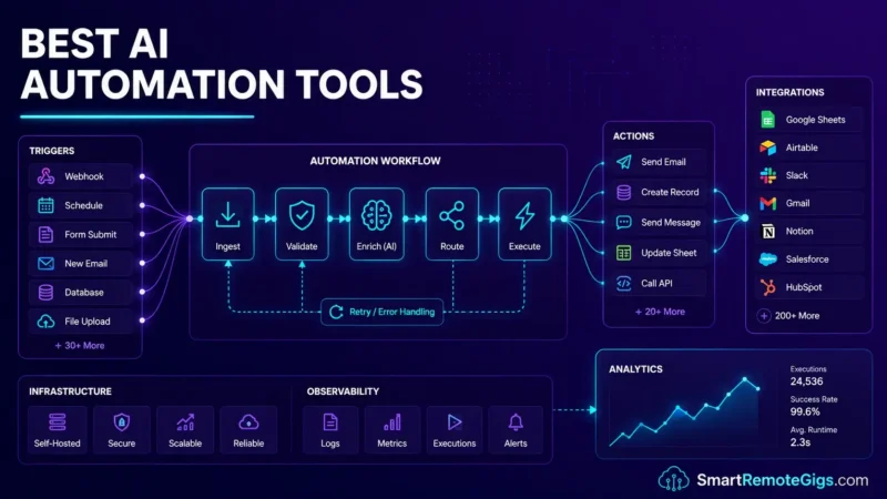 Best AI automation tools hero graphic illustrating modular cloud infrastructure pipelines in deep purple and cyan dark mode.