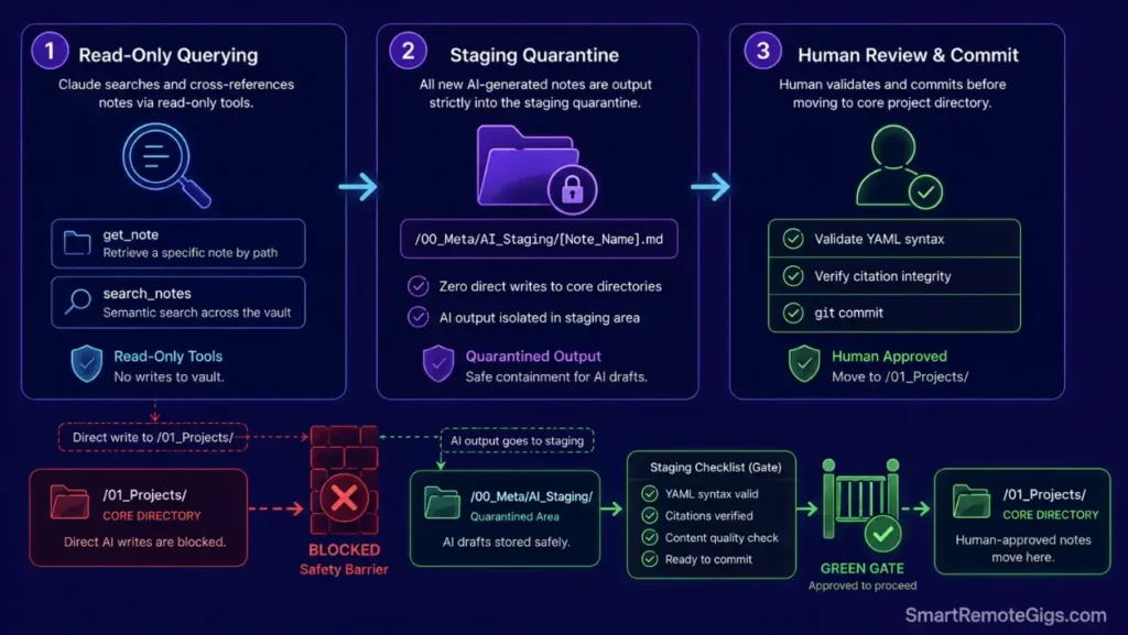 Infographic showing the AI staging quarantine pipeline for reviewing Claude-generated notes before committing them to active project folders.