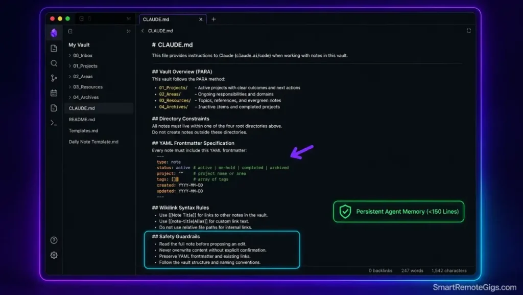 Obsidian root CLAUDE.md steering document showing PARA directory constraints, YAML frontmatter rules, and AI safety guardrails.