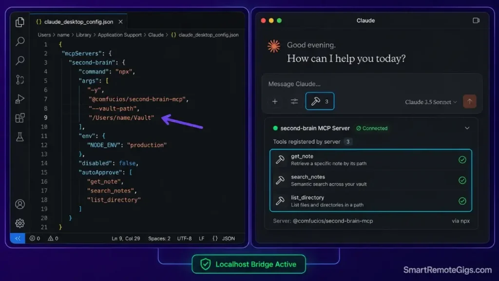 Claude Desktop JSON configuration and active MCP tool calling interface for querying local Obsidian notes.