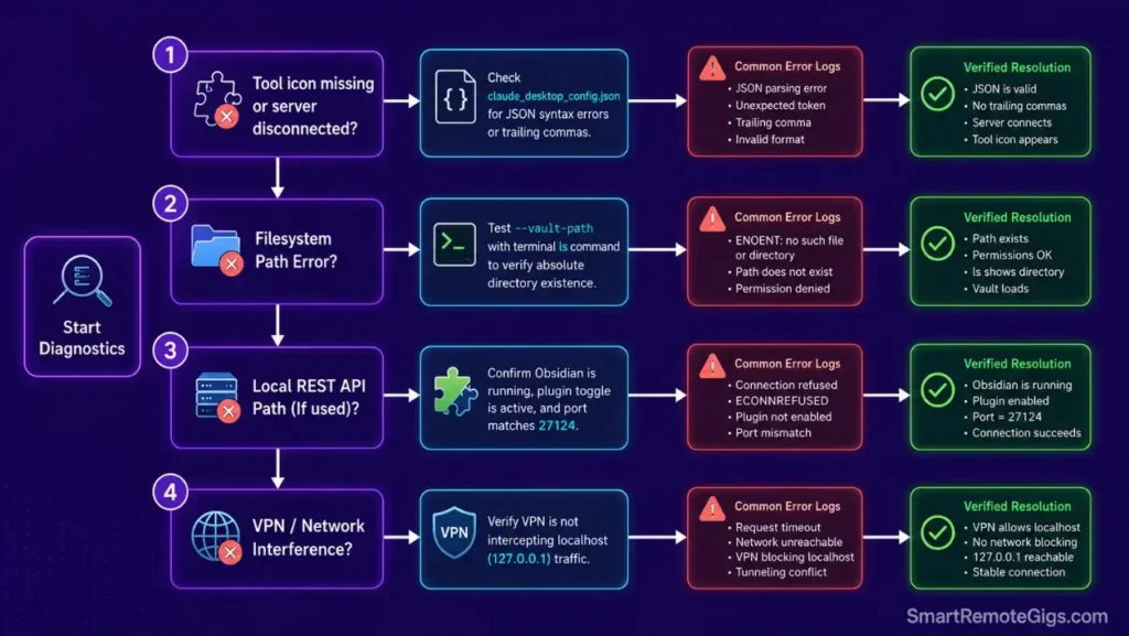 Troubleshooting flowchart for resolving Claude Desktop MCP server disconnection, path errors, and Local REST API port drops.