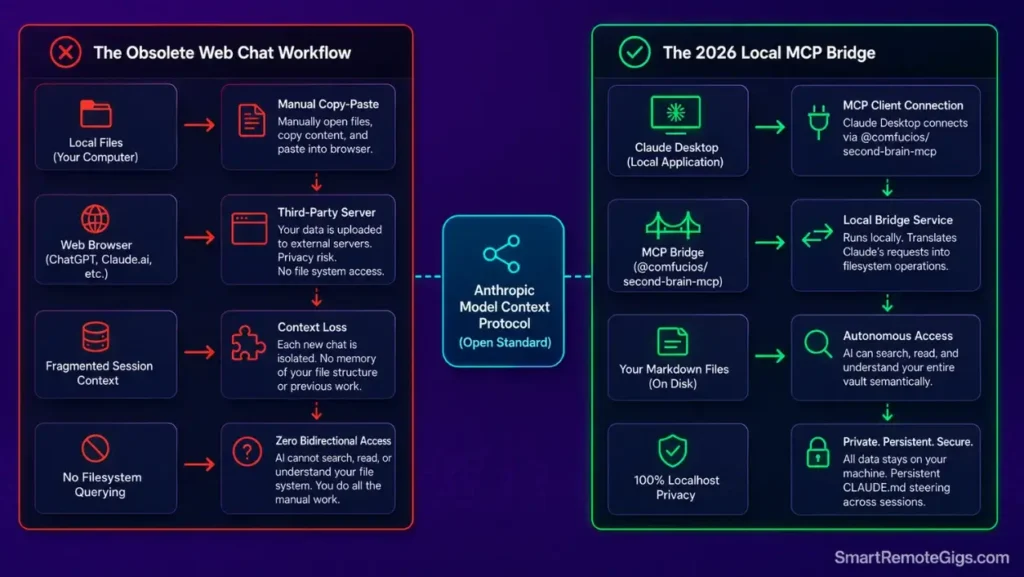 Diagram comparing manual web chat note copy-pasting with automated local Model Context Protocol MCP filesystem querying.