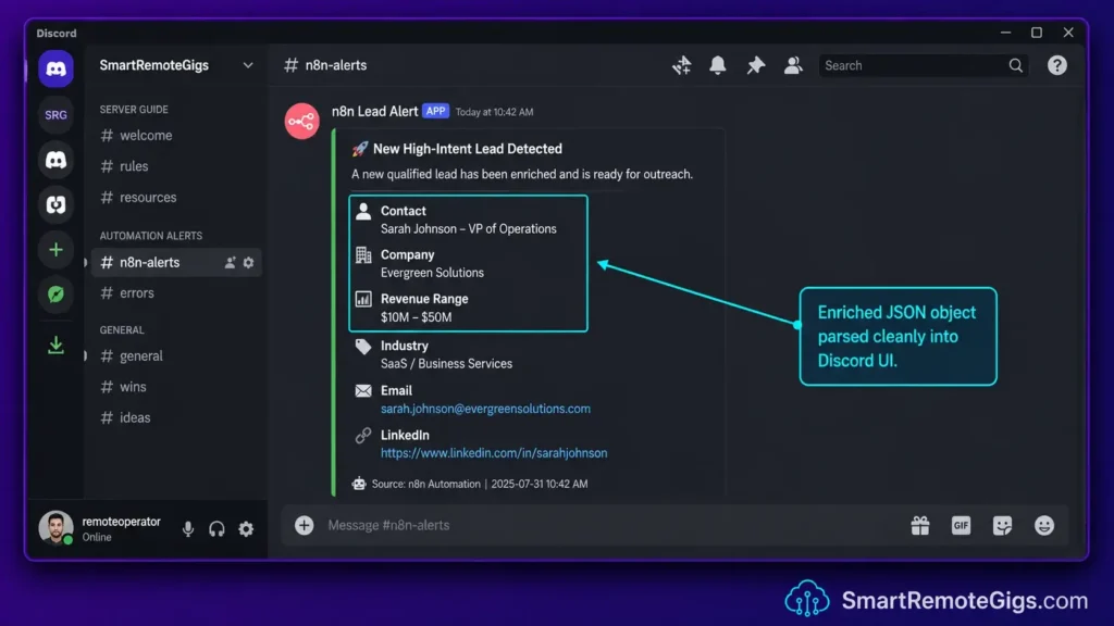 Direct screenshot of a formatted Discord webhook embed card containing structured, enriched lead data inside a dark client UI.