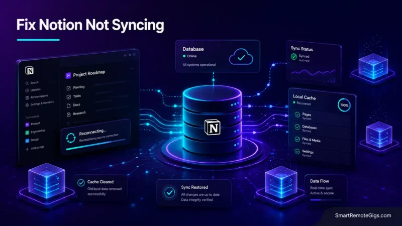 Fix Notion not syncing guide showing a dark mode database cache restoration and cloud synchronization diagram.