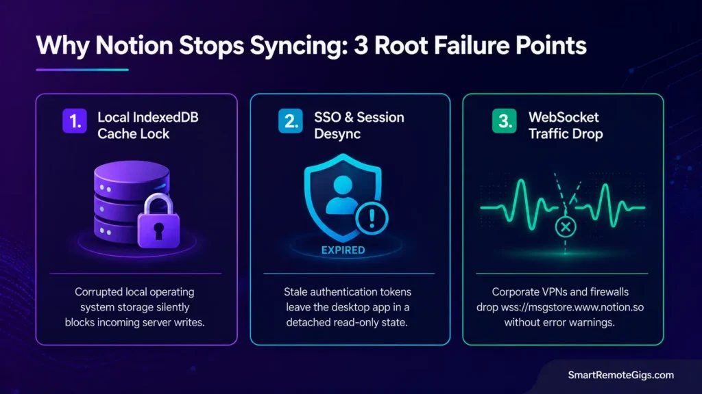 Diagram explaining why Notion stops syncing, illustrating local IndexedDB cache locks, stale SSO tokens, and WebSocket connection drops.