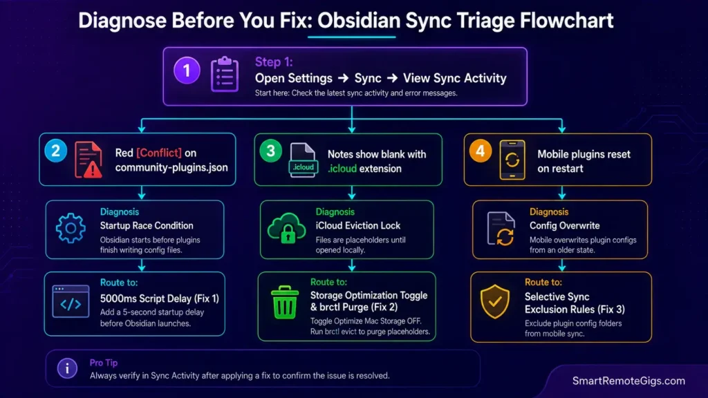 Diagnostic triage flowchart for Obsidian sync issues showing how to read the Sync Activity log and isolate plugin errors.