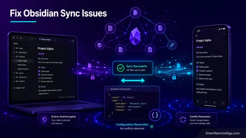 Fix Obsidian sync issues guide showing a dark mode knowledge graph synchronization and plugin repair illustration.