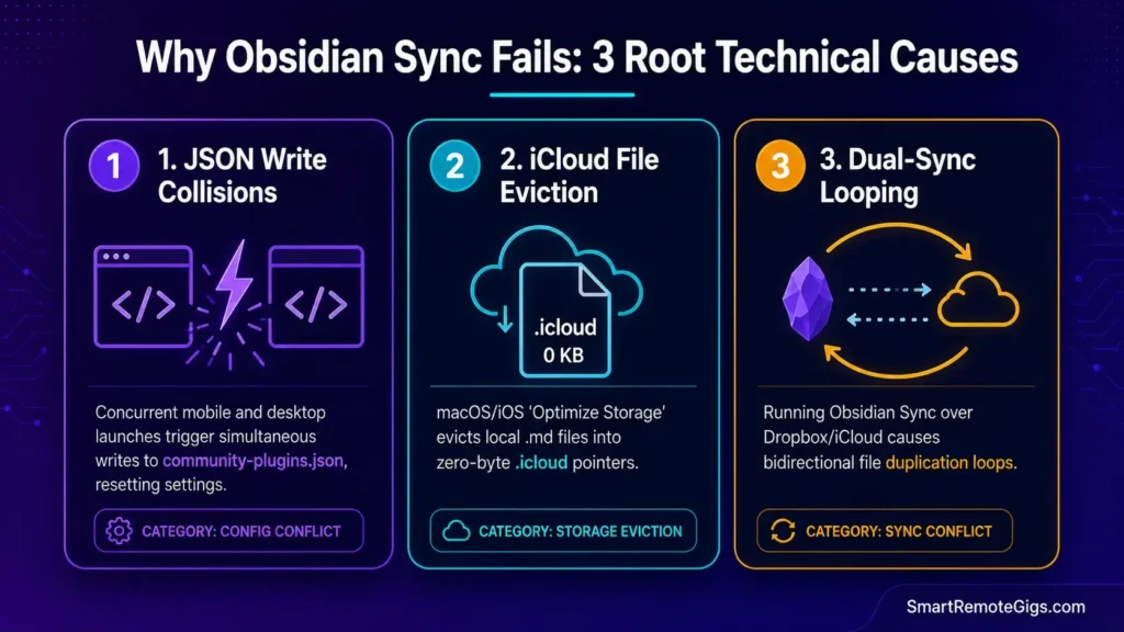 Infographic illustrating why Obsidian sync breaks, detailing JSON write collisions, iCloud storage eviction stubs, and dual sync conflicts.