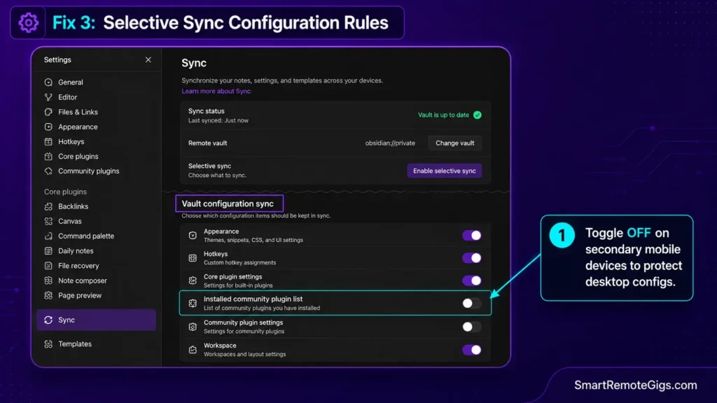 Obsidian Sync settings screenshot showing how to toggle off community plugin list syncing to prevent mobile overwrite loops.