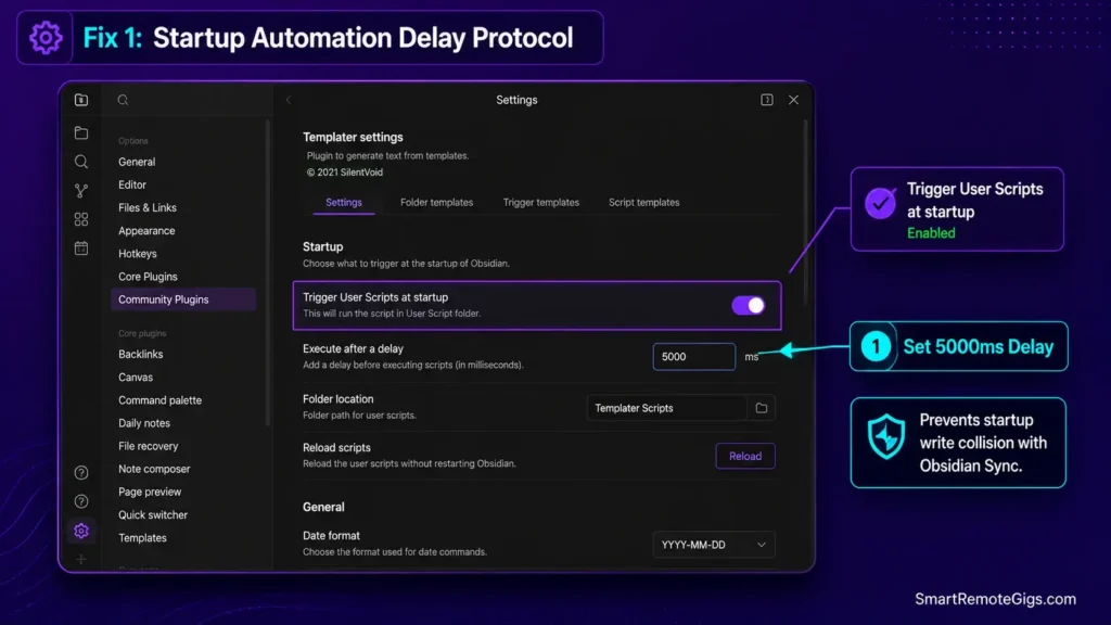 Obsidian settings screenshot demonstrating how to configure Templater startup user script delays to prevent sync conflicts.