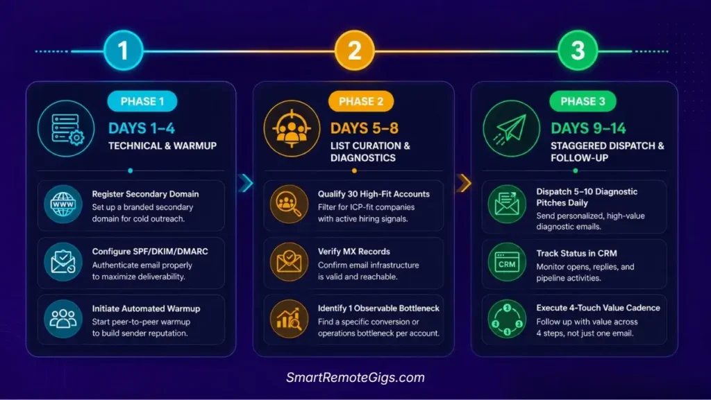 14-day chronological roadmap for freelance cold emailing from DNS warmup to prospect curation and 4-touch follow-up execution.