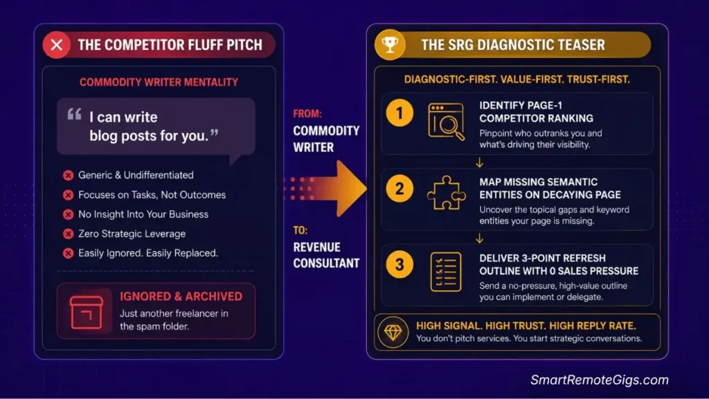 Freelance cold email content strategy framework comparing generic writing pitches against competitor keyword gap diagnostic audits.