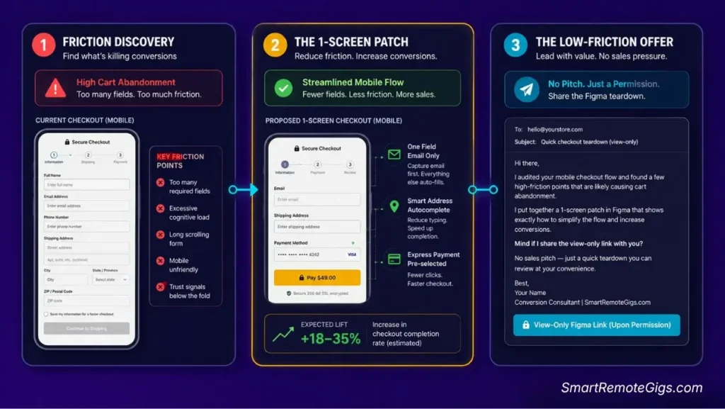 Three-step UX designer cold email workflow showing friction discovery, 1-screen annotated checkout mockup, and low-pressure pitch delivery.